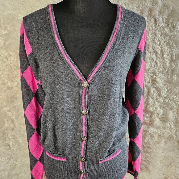 Tehama Women's Pink Gray Plaid Cashmere Blend Buttons Up Cardigan Size M - Picture 1 of 10